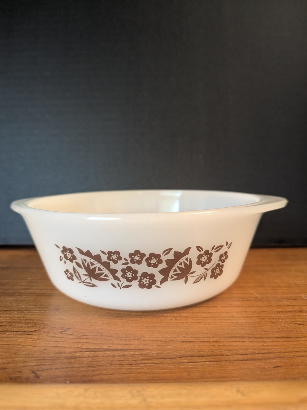 Vintage White 1 Qt. Glasbake Casserole Dish with Brown Floral Design